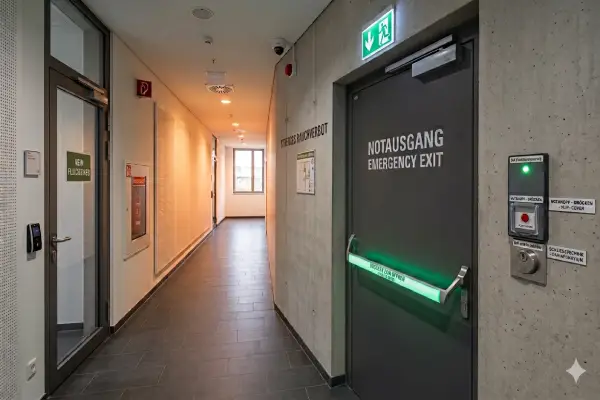 Flur mit einem Notausgang, ausgestattet mit einer grünen Panikstange, Kennzeichnung Fluchtwegbeschilderung und elektronischer Schließtechnik
